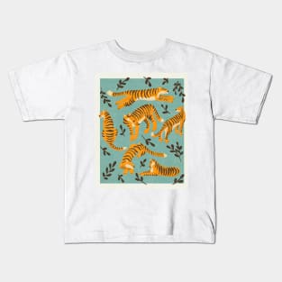 Bengal Tigers on teal background Kids T-Shirt